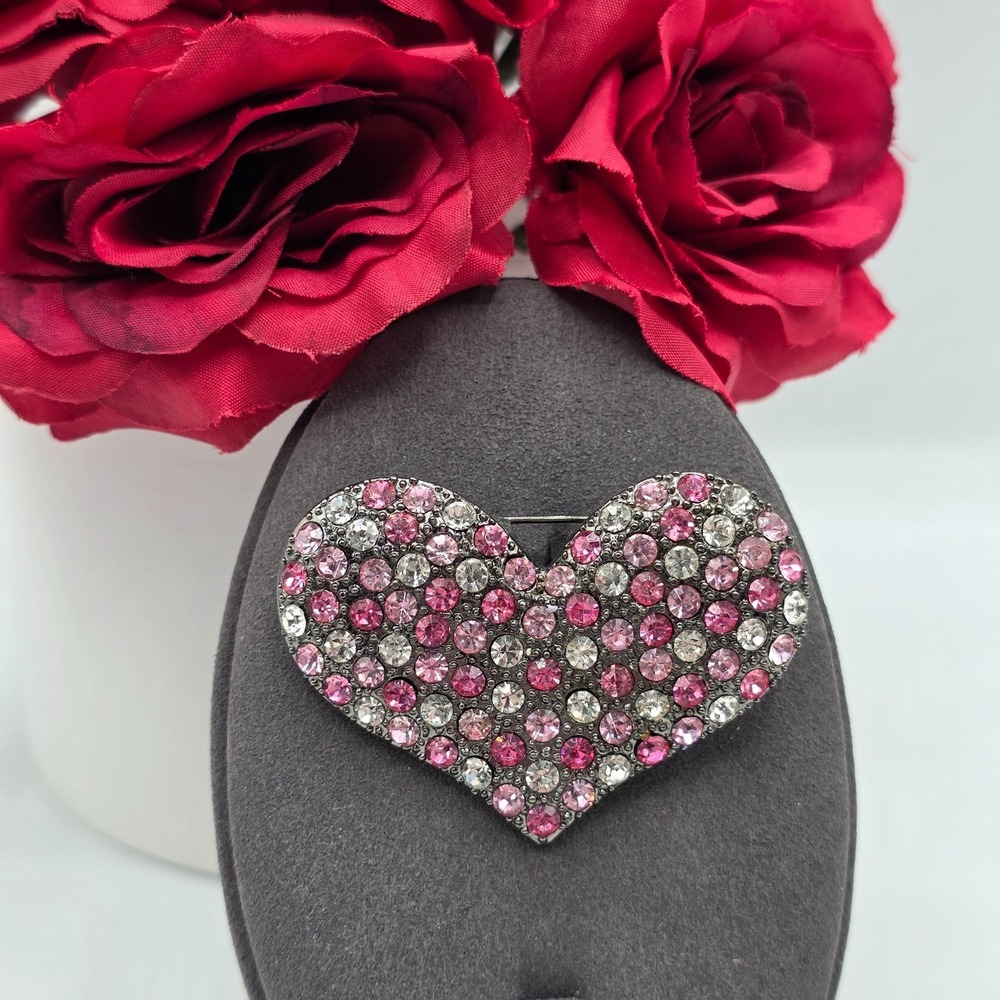 RMN rhinestone heart brooch pin‎ pink white crystals jewelry accessory statement